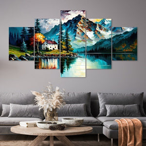Colorful Lakeside Cabin 5-Piece Landscape Art