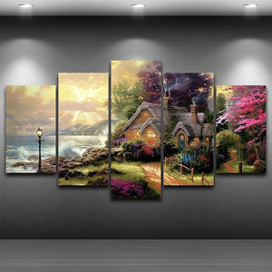 Dreamy Lakeside House and Seascape 5-Piece Canvas Art