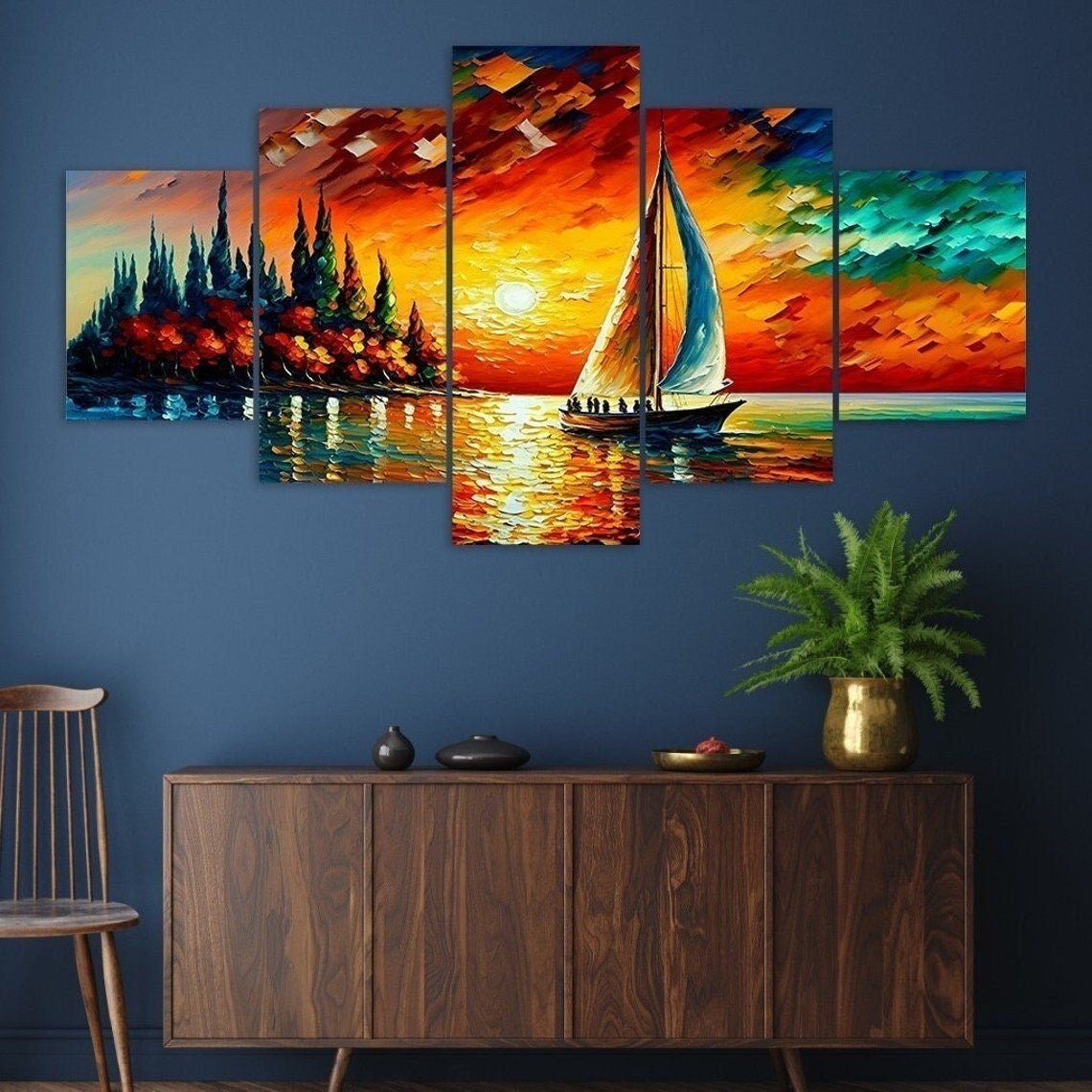 Vibrant Seascape with Sailboat 5-Piece Wall Art